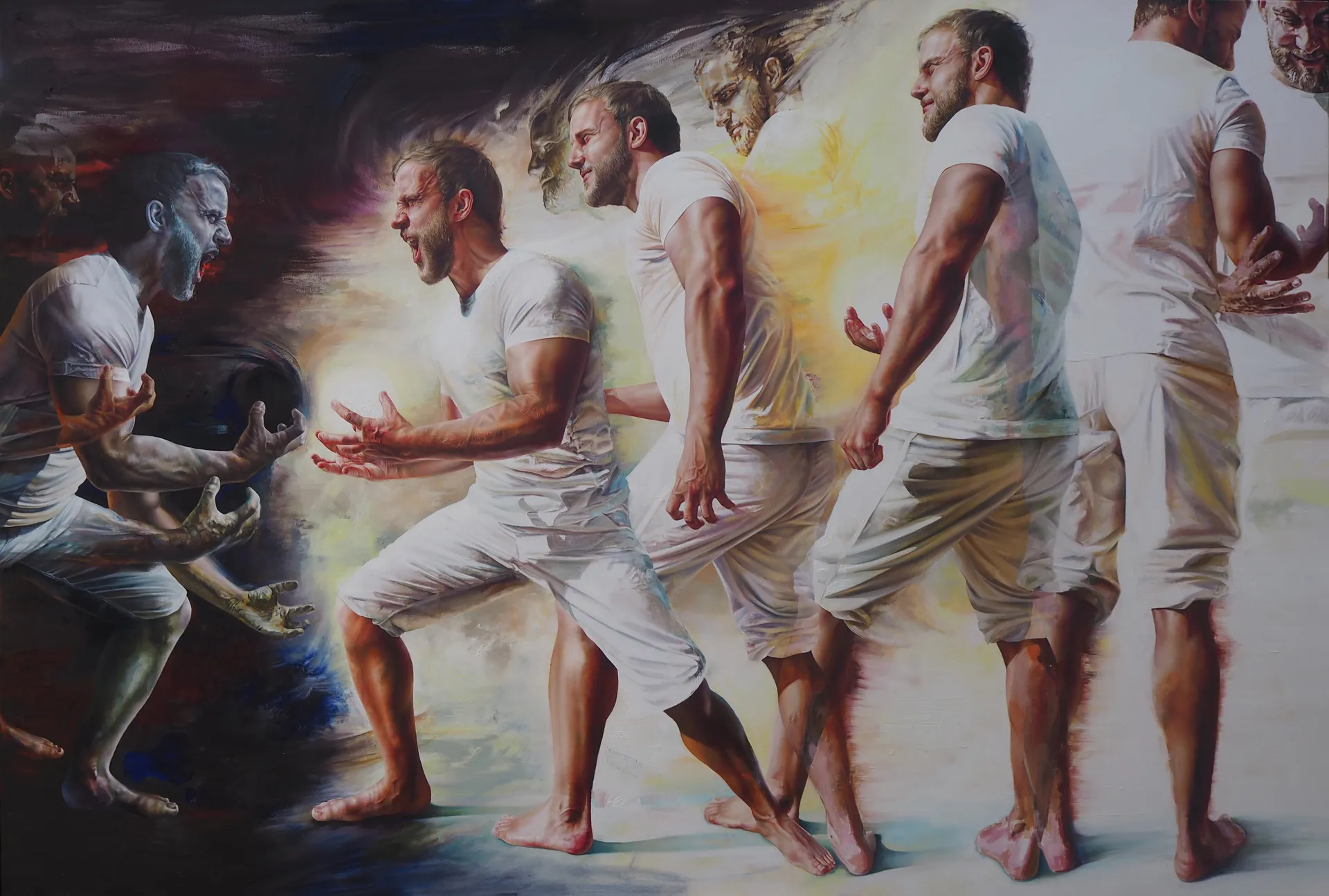 Ein und derselbe Mann steht sich selbst gegenüber in facetten von hell und dunkel.